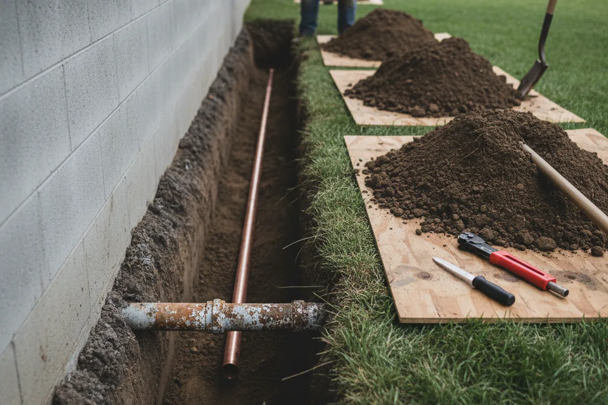 Excavated water line trench during Water Softener Installation in Connell